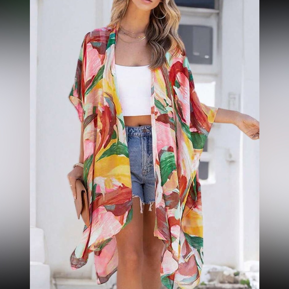Boho batwing sleeve floral print kimono top